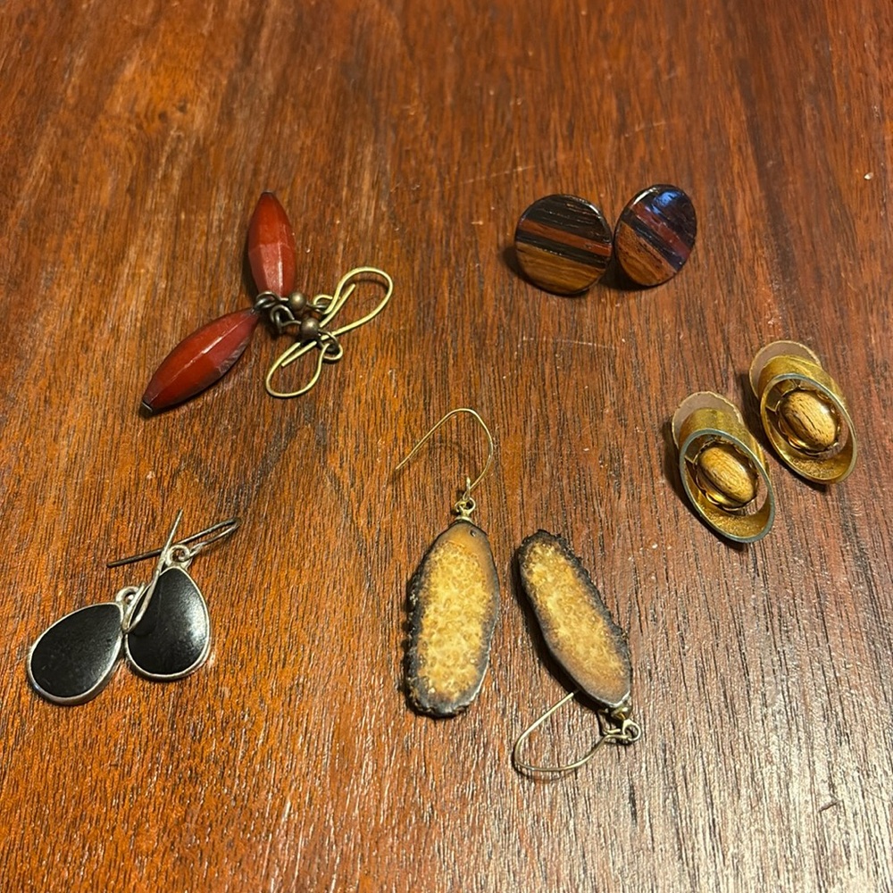 #9 Vintage Earring Lot of 5- 2 Dangles and 3 “Wooden” Style Studs and Dangles